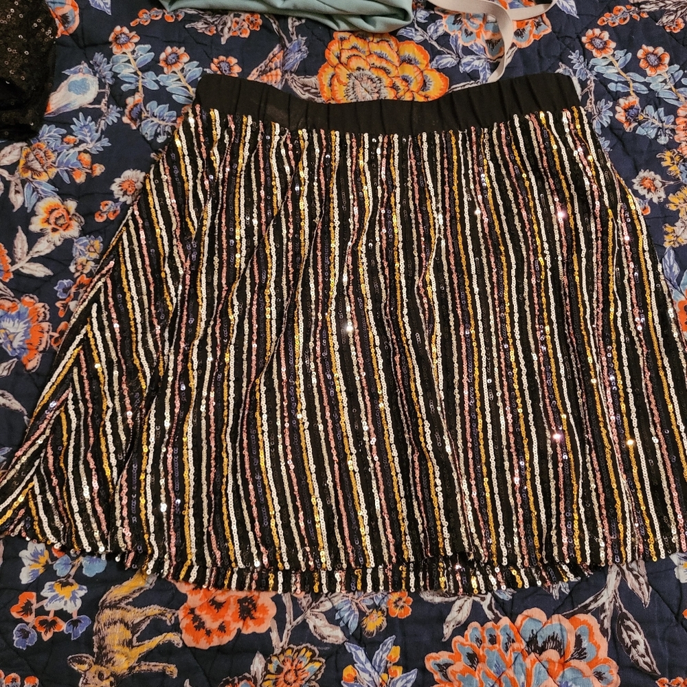 Sequin A-Line Skirt - Black, Pink, Blue and Gold Stripes, L